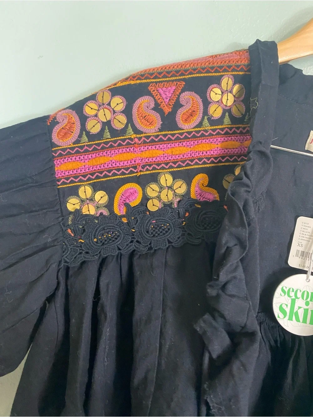 Free‎ People Savannah Bed Jacket Tribal Festival Embroidered XS Black